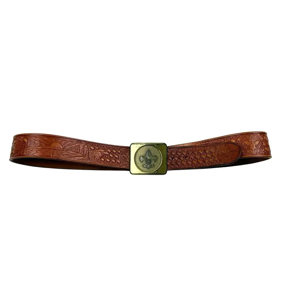 Vintage Boy Scouts Fleur-de-Lis Belt Embossed Leather Brass Buckle Men’s 34